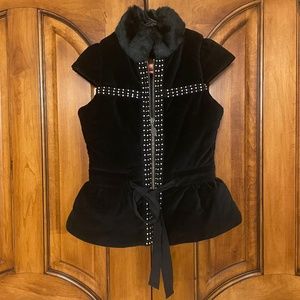 Manoush Black Vest with Rhinestones and Faux Fur